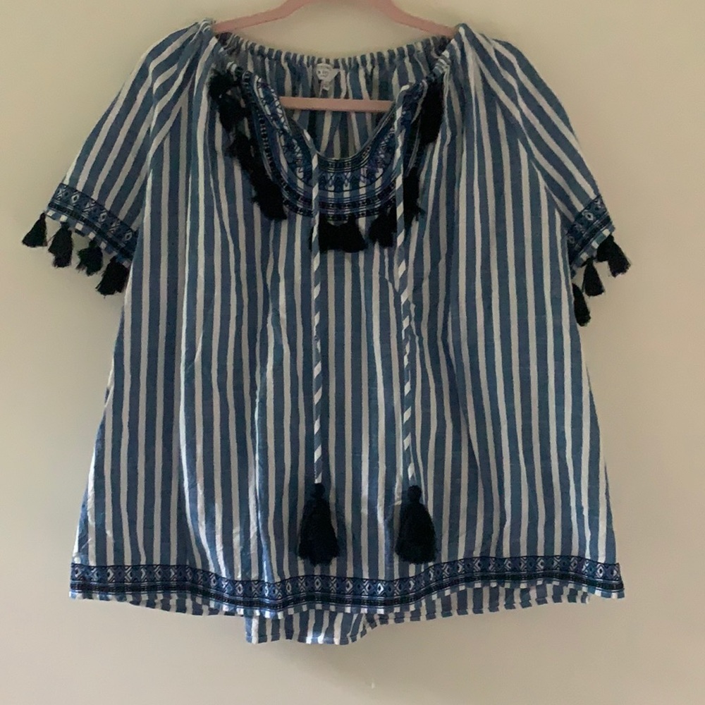 Embroidered striped tasseled top